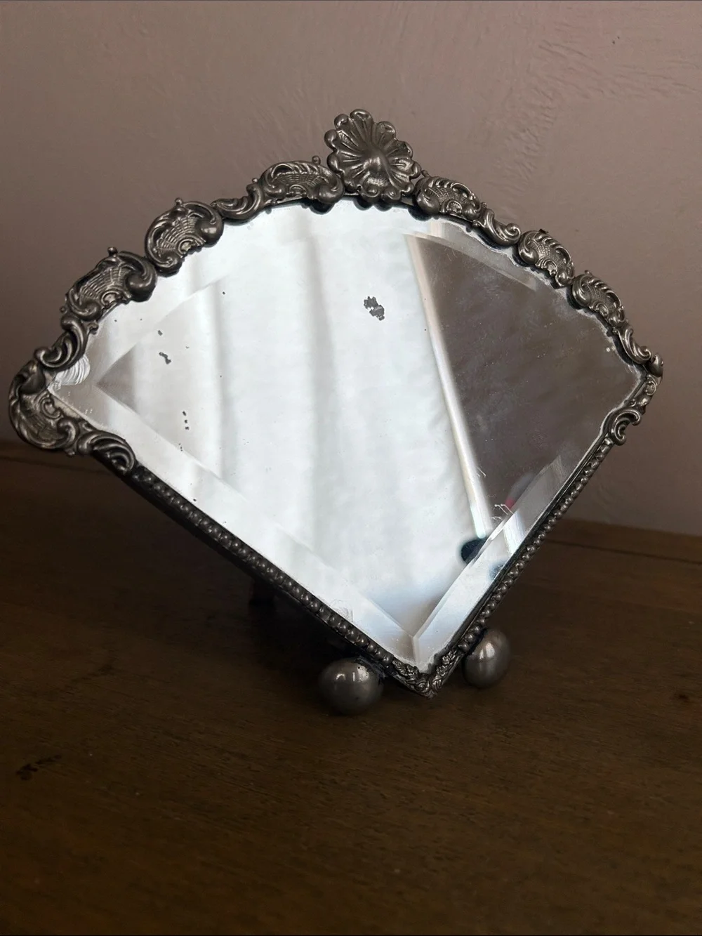 Vintage French Art Deco Vanity Table Mirror. Decorative Fan Shape Design.